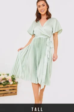 In The Style Angel Sleeve Pleated Wrap Midi Dress Sage