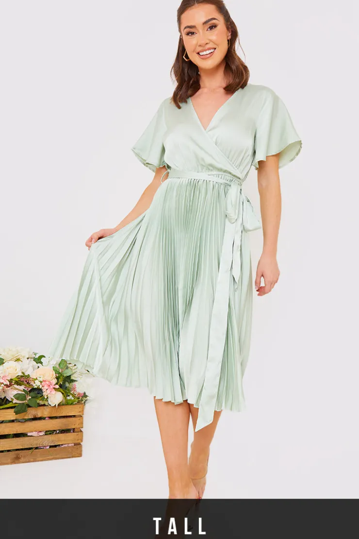 In The Style Angel Sleeve Pleated Wrap Midi Dress Sage