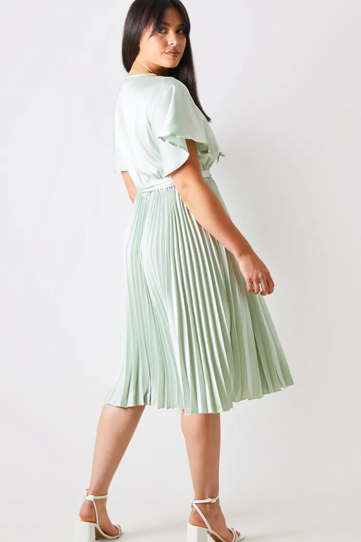 In The Style Angel Sleeve Pleated Wrap Midi Dress Sage