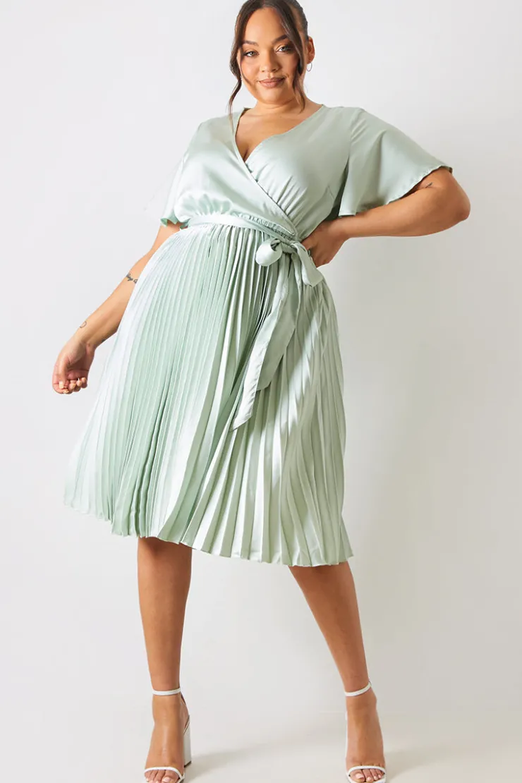 In The Style Angel Sleeve Pleated Wrap Midi Dress Sage