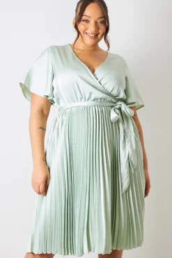 In The Style Angel Sleeve Pleated Wrap Midi Dress Sage