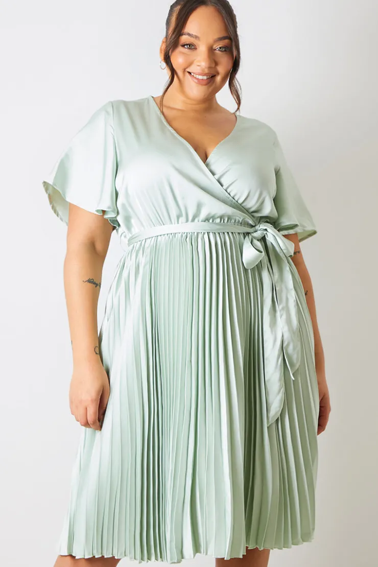 In The Style Angel Sleeve Pleated Wrap Midi Dress Sage