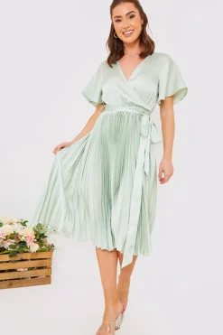 In The Style Angel Sleeve Pleated Wrap Midi Dress Sage