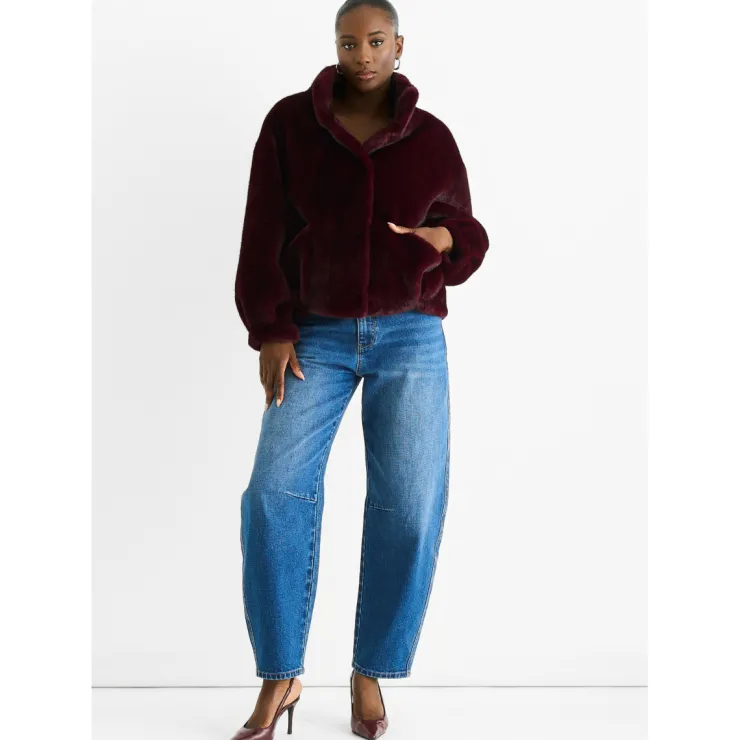 Best Gini London Angora Red Funnel Neck Button Up Faux Fur Jacket