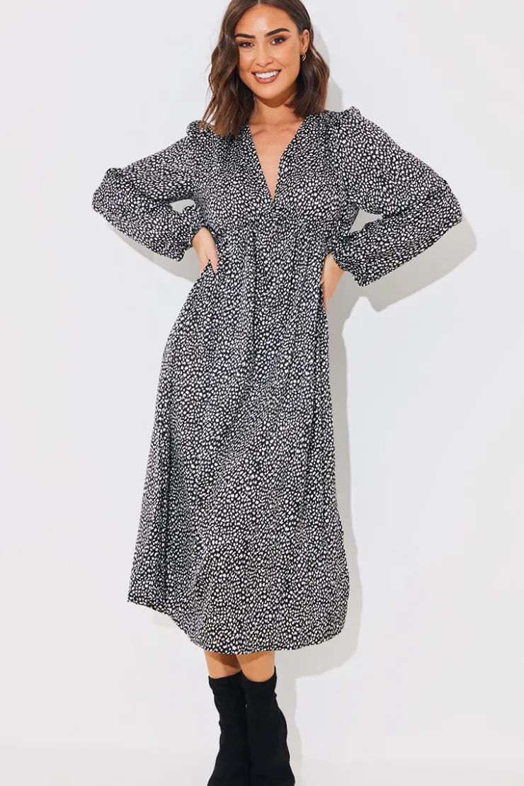 Sale In the Style Animal Print Smock Midi Dress Black