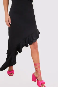 Best In the Style Asymmetic Frill Detail Midi Skirt Black