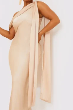 Sale Terrie Mcevoy Asymmetric Draped Neckline Maxi Dress Nude