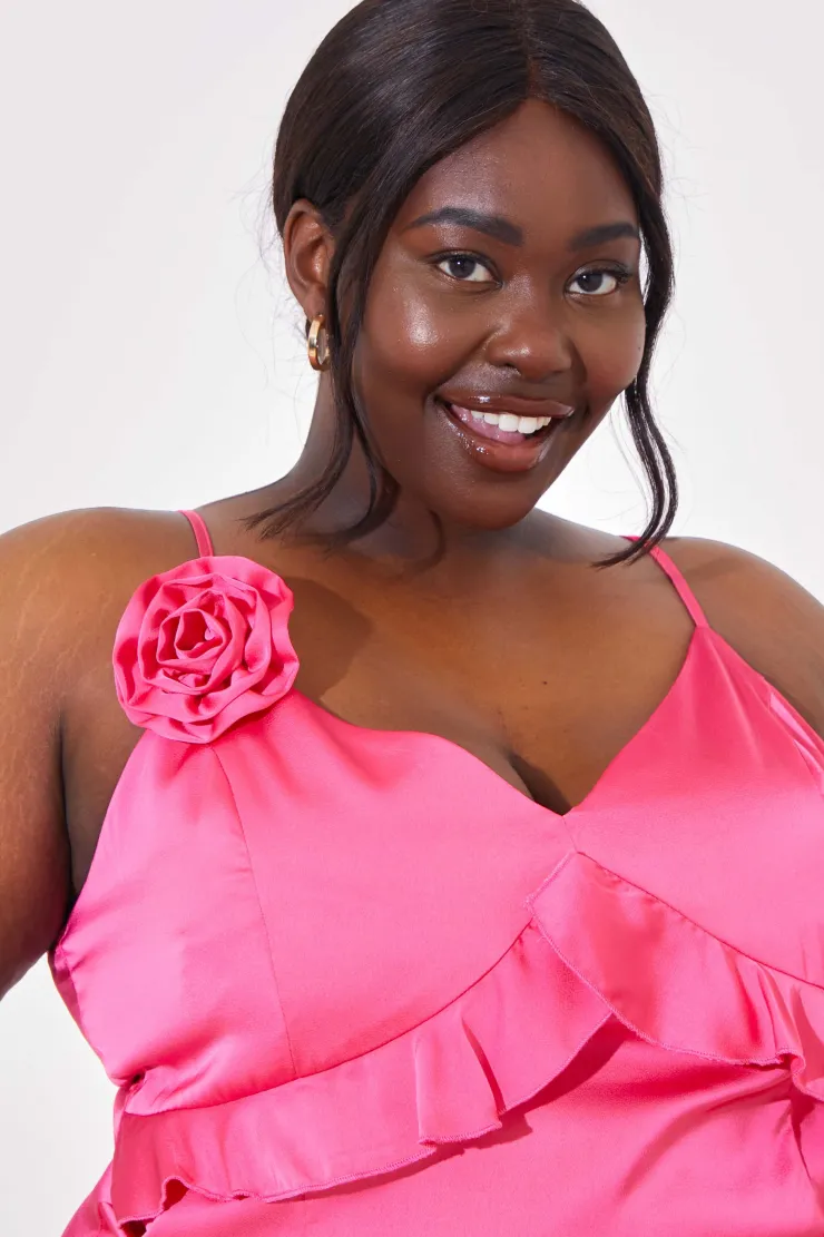 Online In the Style Asymmetric Frill Midaxi Dress With Removable Corsage Pink