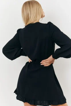 Clearance In The Style Balloon Sleeve Pintuck Tie Waist Detail Mini Dress Black