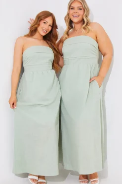 Hot In The Style Bandeau Linen Look Midi Dress Sage