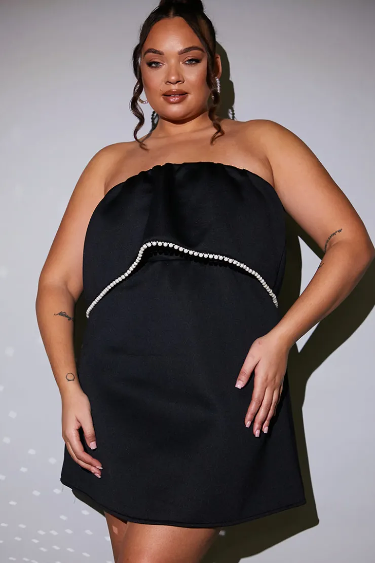 Best In the Style Bandeau Pearl Trim Mini Skater Dress Black