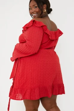 Hot In the Style Bardot Broderie Anglaise Mini Dress Red