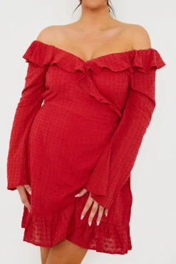 Hot In the Style Bardot Broderie Anglaise Mini Dress Red