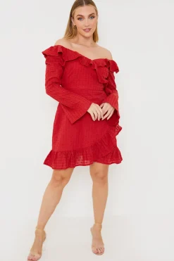 Hot In the Style Bardot Broderie Anglaise Mini Dress Red