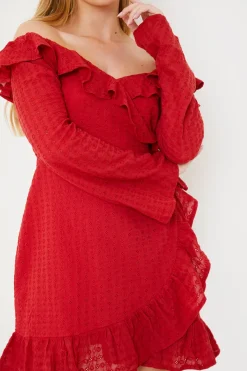 Hot In the Style Bardot Broderie Anglaise Mini Dress Red