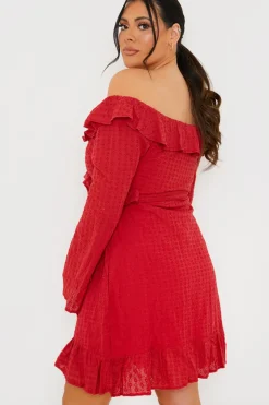 Hot In the Style Bardot Broderie Anglaise Mini Dress Red
