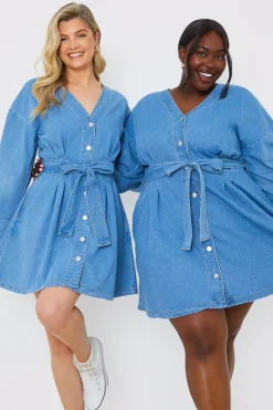 Outlet In the Style Belted Denim Shirt Dress Blue