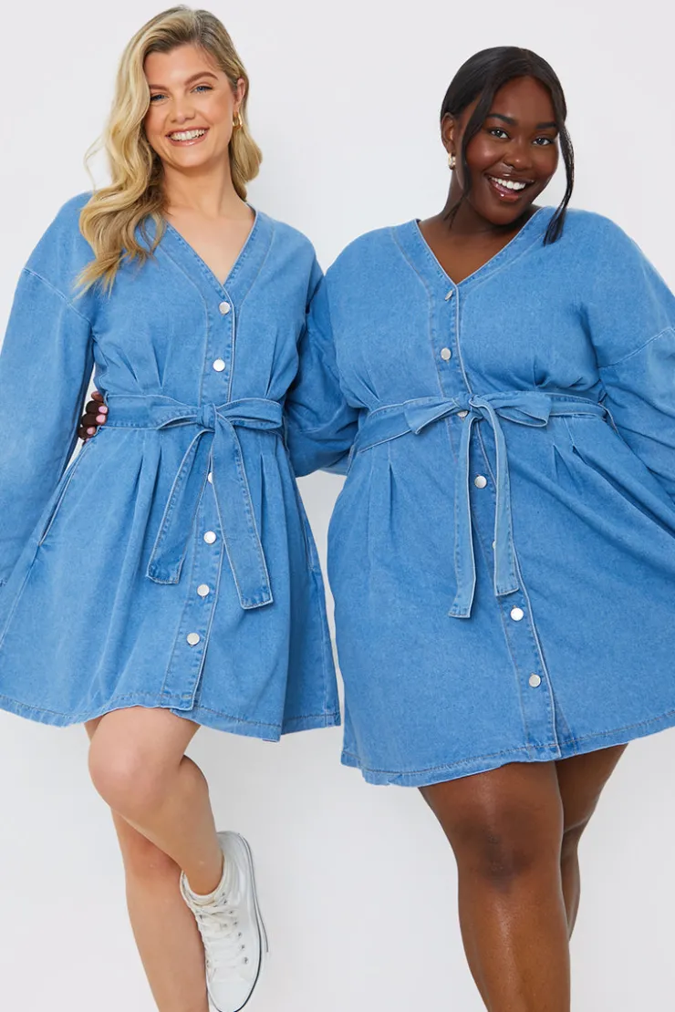 Outlet In the Style Belted Denim Shirt Dress Blue