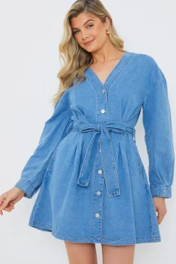 Outlet In the Style Belted Denim Shirt Dress Blue