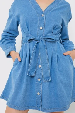 Outlet In the Style Belted Denim Shirt Dress Blue