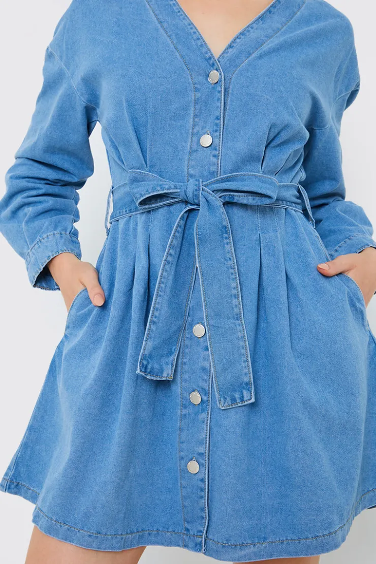Outlet In the Style Belted Denim Shirt Dress Blue