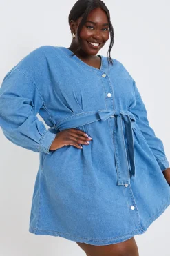 Outlet In the Style Belted Denim Shirt Dress Blue