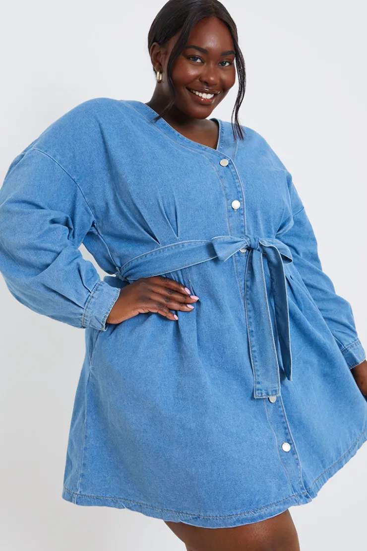 Outlet In the Style Belted Denim Shirt Dress Blue