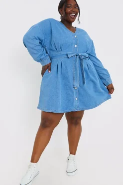 Outlet In the Style Belted Denim Shirt Dress Blue