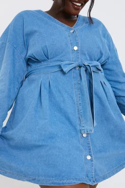 Outlet In the Style Belted Denim Shirt Dress Blue