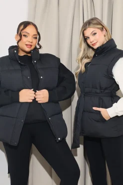 Hot In The Style Belted Puffer Gilet Black