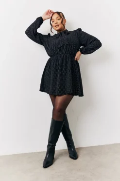 Best In The Style and White Polka Dot Mini Dress with Tie Neck Black