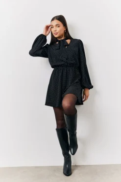Best In The Style and White Polka Dot Mini Dress with Tie Neck Black