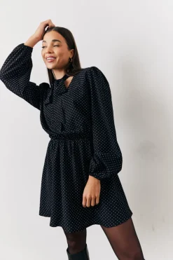 Best In The Style and White Polka Dot Mini Dress with Tie Neck Black