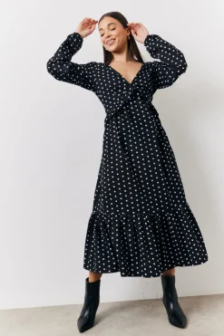 Online In The Style and White Polka Dot Frill Detail Midaxi Dress Black