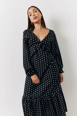 Online In The Style and White Polka Dot Frill Detail Midaxi Dress Black