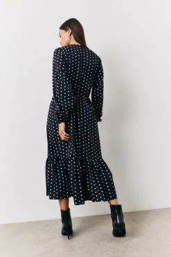 Online In The Style and White Polka Dot Frill Detail Midaxi Dress Black