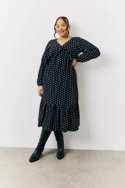 Online In The Style and White Polka Dot Frill Detail Midaxi Dress Black