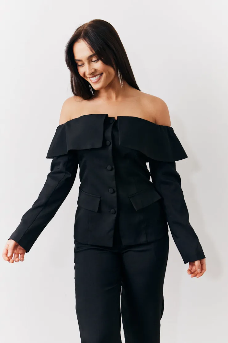 Online In the Style Bardot Button Through Blazer Black
