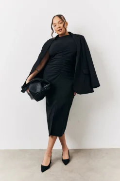 In The Style Bengaline Ruched Midi Dress Black