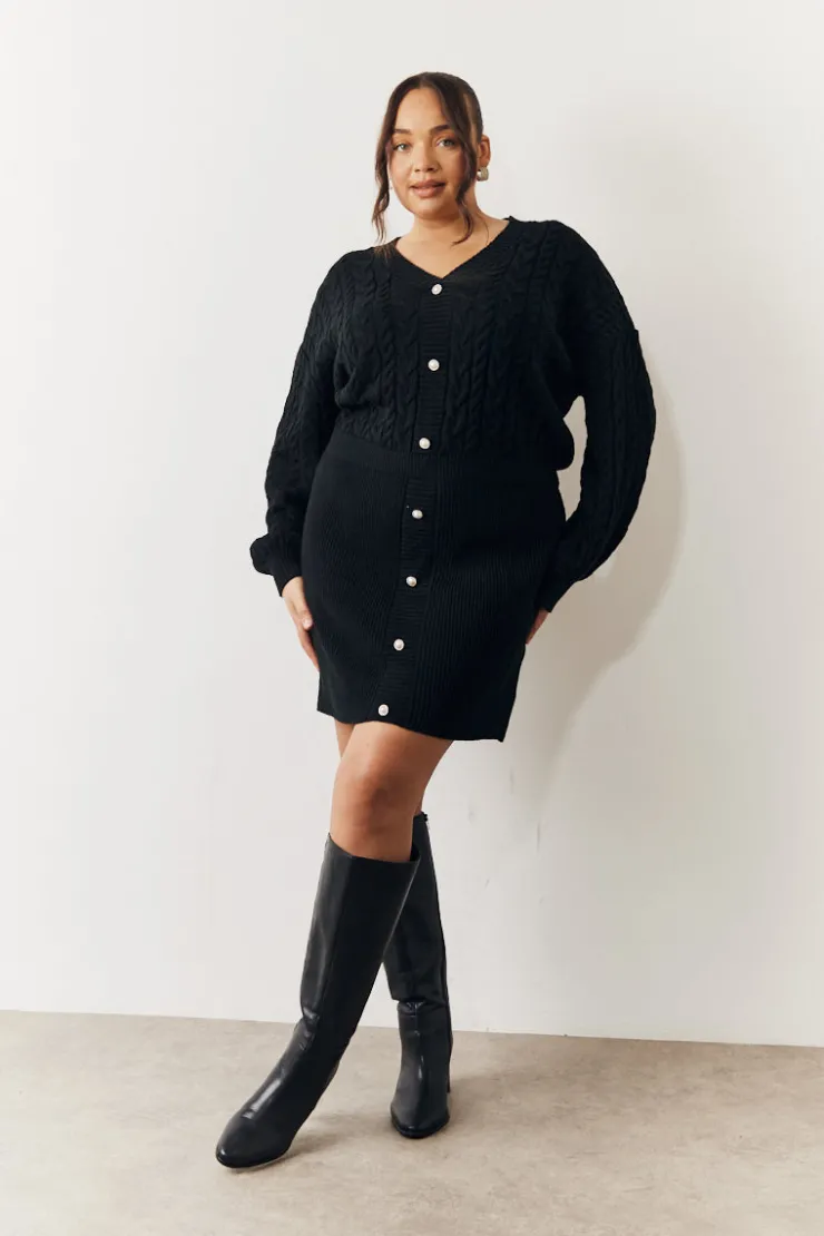 Discount In the Style Cable Knitted Diamante Button Mini Dress Black