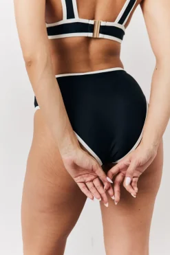 Discount Fits Contrast Binding High Waist Bikini Bottoms Black