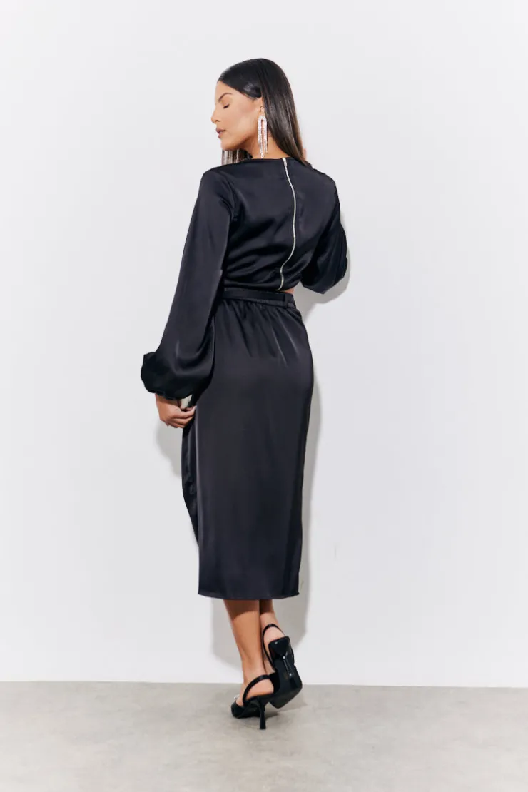 Discount In the Style Curved Hem Satin Top Black