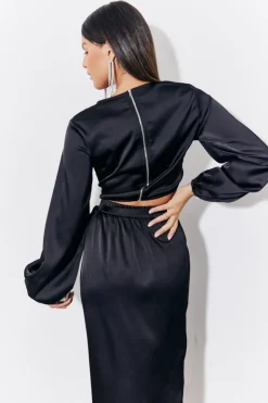 Discount In the Style Curved Hem Satin Top Black