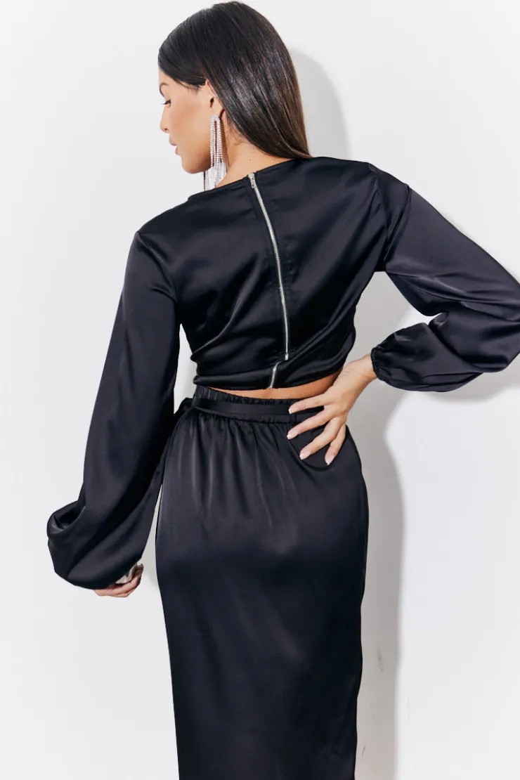 Discount In the Style Curved Hem Satin Top Black