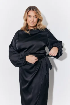 Discount In the Style Curved Hem Satin Top Black