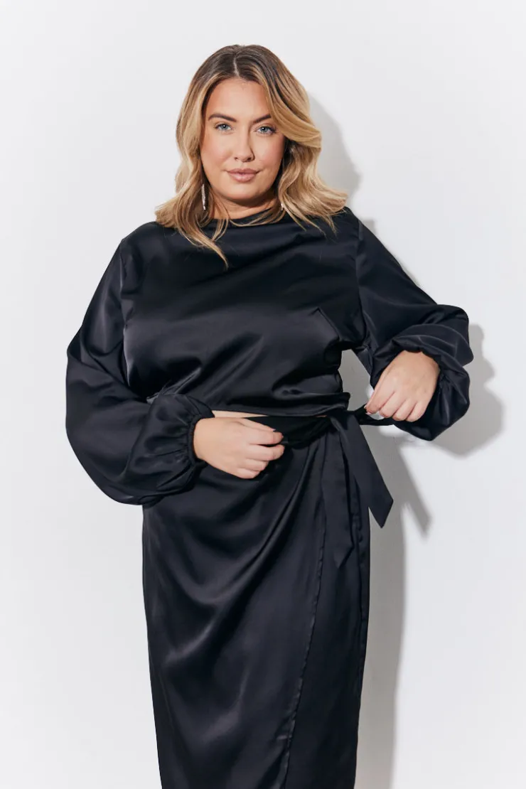 Discount In the Style Curved Hem Satin Top Black