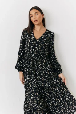 Sale In The Style Ditsy Floral Printed Wrap Midi Dress Black