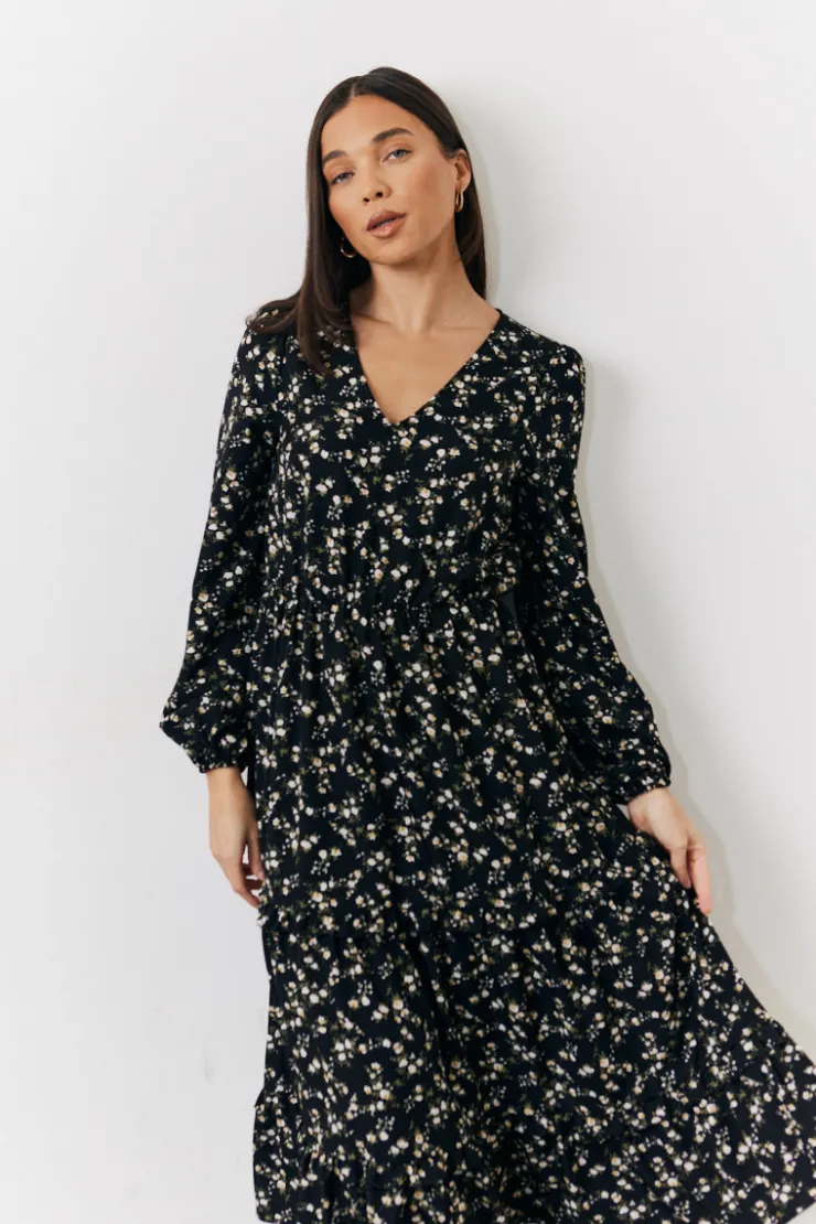 Sale In The Style Ditsy Floral Printed Wrap Midi Dress Black