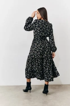 Sale In The Style Ditsy Floral Printed Wrap Midi Dress Black