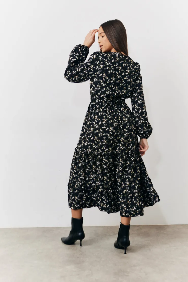 Sale In The Style Ditsy Floral Printed Wrap Midi Dress Black